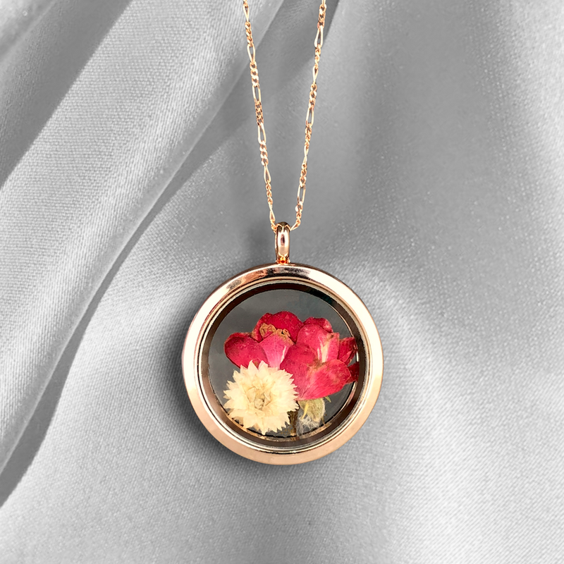 Echte Rose und Chrysantheme 925 Sterling Rosegold Vergoldete Medaillonkette - K925-127