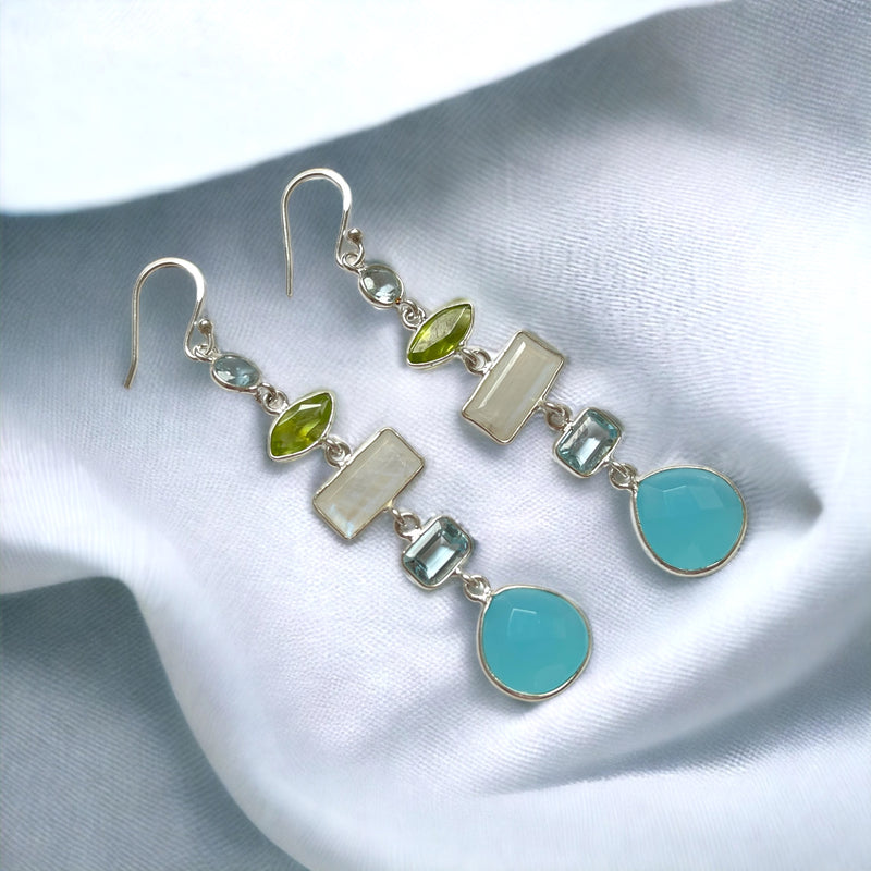 Multi Edelstein Ohrringe - 925 Sterling Silber - Bergkristall 