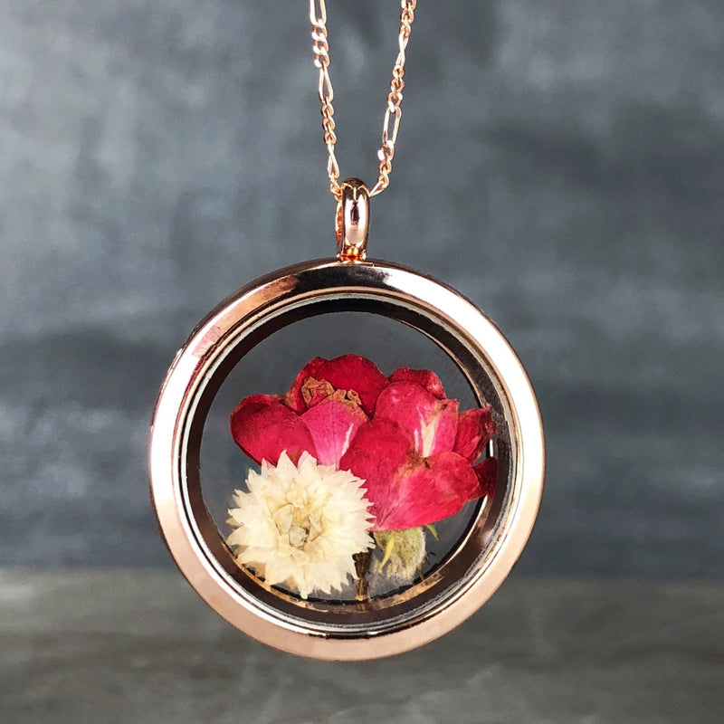 Echte Rose und Chrysantheme 925 Sterling Rosegold Vergoldete Medaillonkette - K925-127