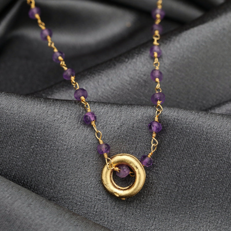Ametyst guld cirkelkedja - guldpläterad lila violett kristall pärla halsband - vik-01