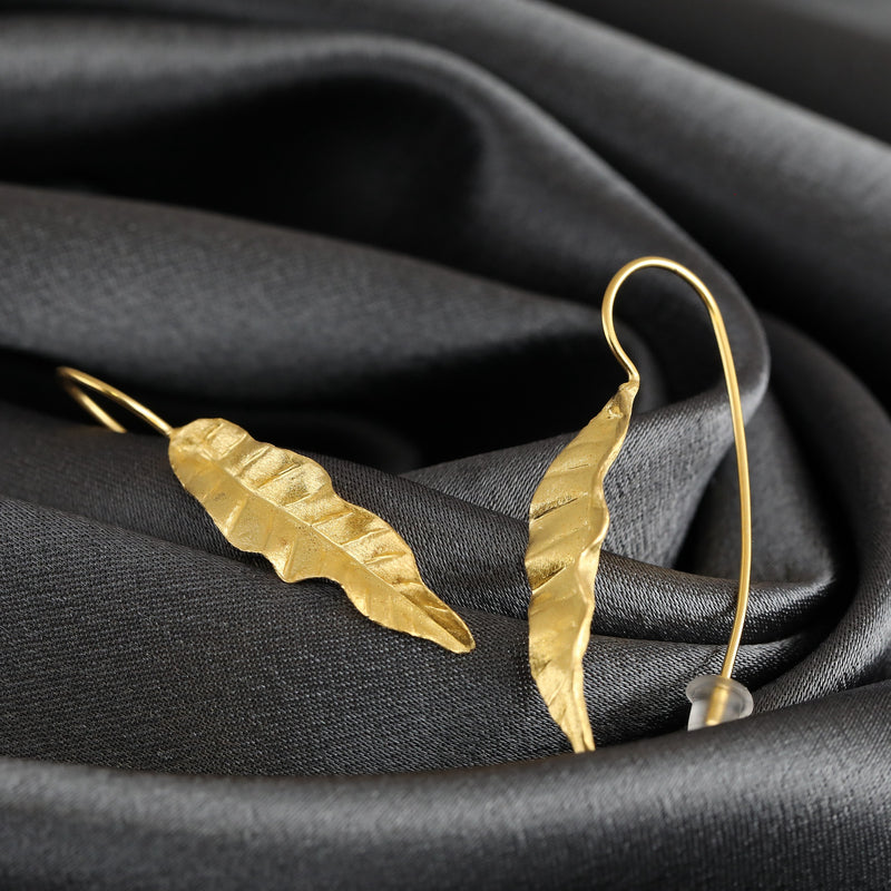 Boucles d'oreilles longues feuilles 925 Plaqué d'or doré Nature Bijoux cadeau idée - EAR925-108