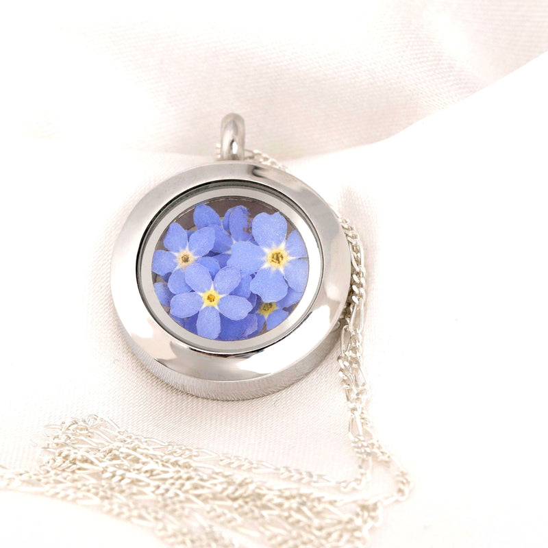 Glöm-mig-inte blommor medaljong - Glas medaljong med äkta blommor 925 Sterling Silver Necklace - K925-134