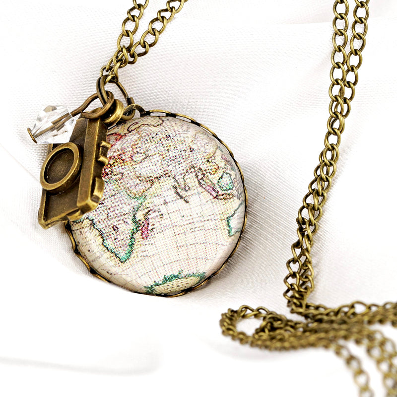 Carte du monde Globe Pendentif Chaîne Vintage Style - Globetrotter Bijoux - Vik-08