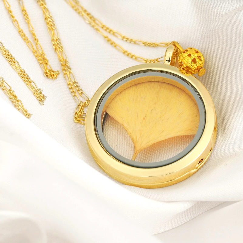 Ginkgo blad guldglas amulett hängsmycke - 925 sterling guldgilded kedja - natur smycken - K925-28