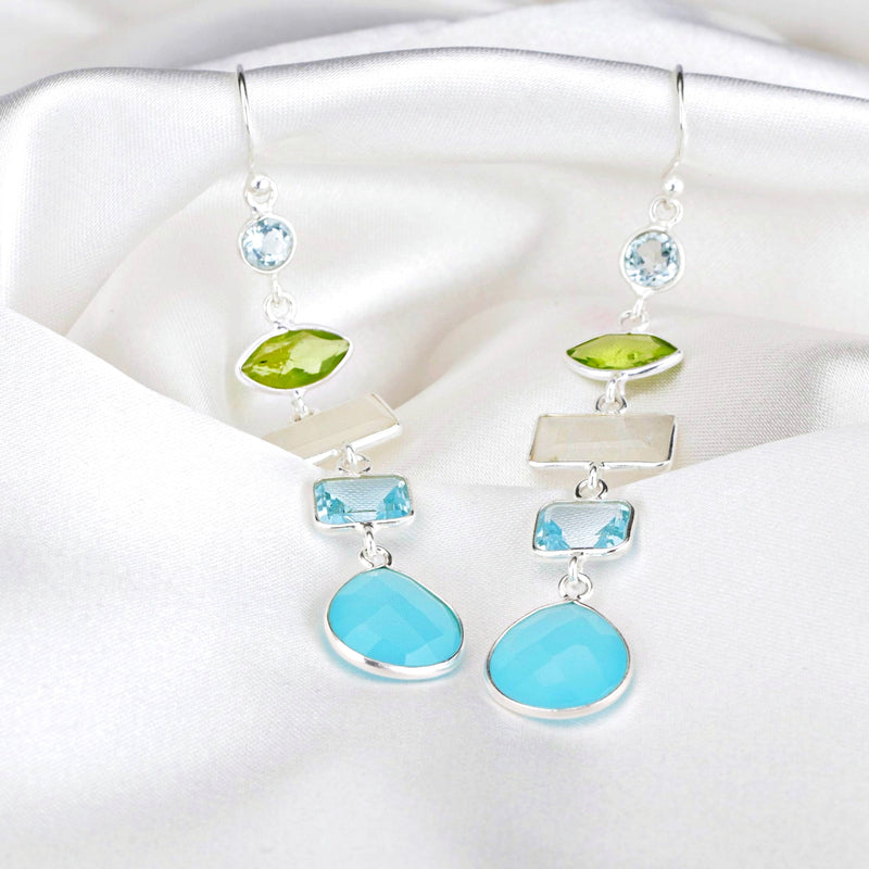 Multi Edelstein Ohrringe - 925 Sterling Silber - Bergkristall 