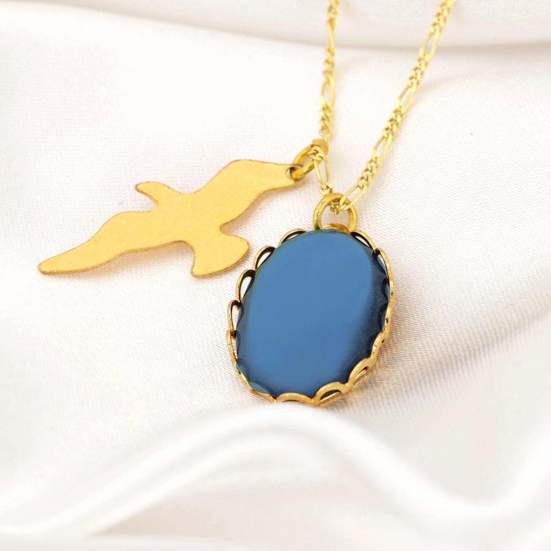 Swallow Blue Cabochon Pendant Chain - 925 Sterling Gold Plated Vintage Style Elegant Chain - K925-130