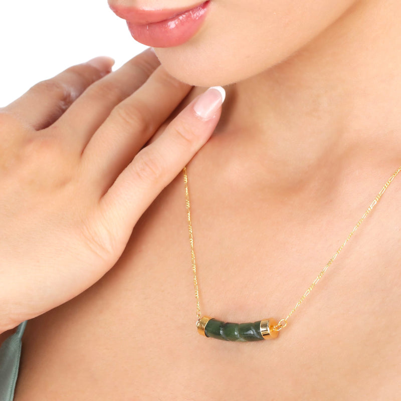 Jade Stab Guldkedja - 925 Sterling Guldpläterad Kristall Grön Gem Oriental Halsband - K925-93