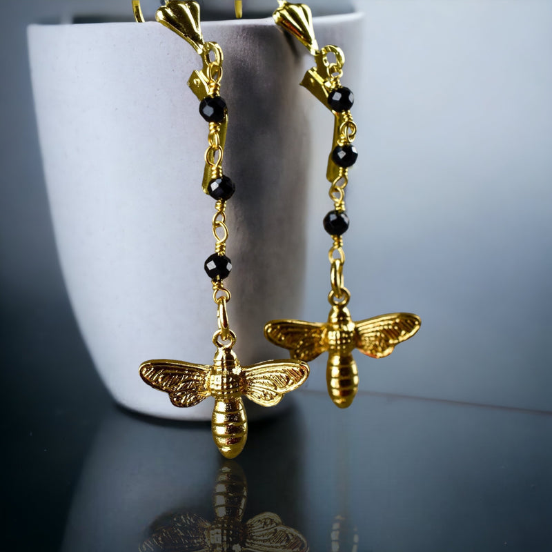 Golden Bees Earrings - Gem School Black Onyx Summer Jewelry - Vinohr-66