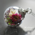 Floral Glass Ball hänge med riktiga blommor - 925 Sterling Silver Wildflower halsband-K925-78