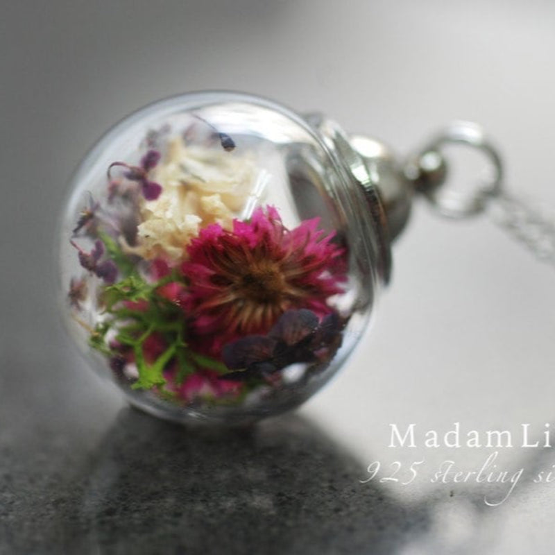 Pendentif de boule de verre florale avec vraie fleur - 925 collier de fleurs sauvages en argent sterling - k925 - 78