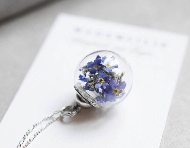 Vergissmeinnicht Blüten 925 Sterling Silber Halskette - Terrarium Botanische Kette - K925-41