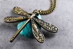 Türkis Tropfen Libellen Anhänger Kette - Bronze Libelle Blauer Edelstein Halskette - VIK-124