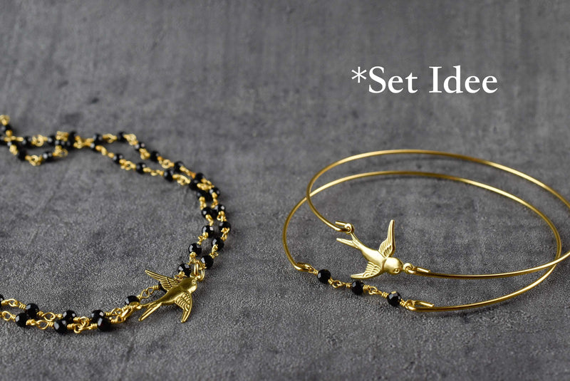 Onyx Swallows Gold Bangles Set - Gold Plated Black Gem Rondella Animal Bird Swallow Jewelry Set - Retremm-38