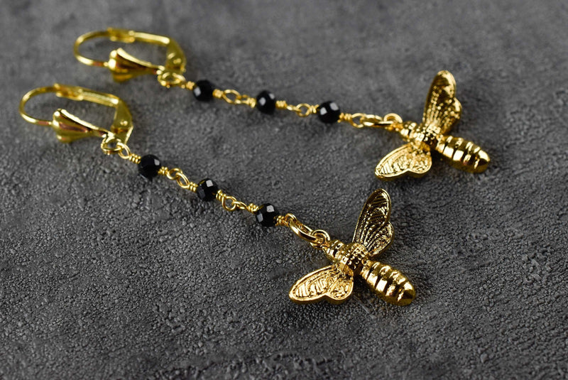 Golden Bees Earrings - Gem School Black Onyx Summer Jewelry - Vinohr-66