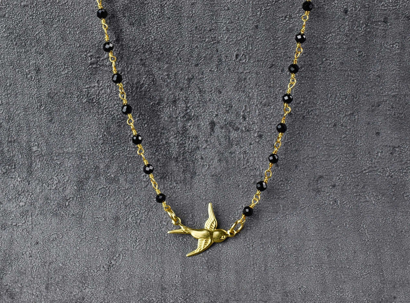 Chaîne de pendentif or de l'oncle Schwalbe - oiseau plaqué or noir gemstone rondelles collier - VIK-04