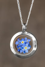 Glöm-mig-inte blommor medaljong - Glas medaljong med äkta blommor 925 Sterling Silver Necklace - K925-134