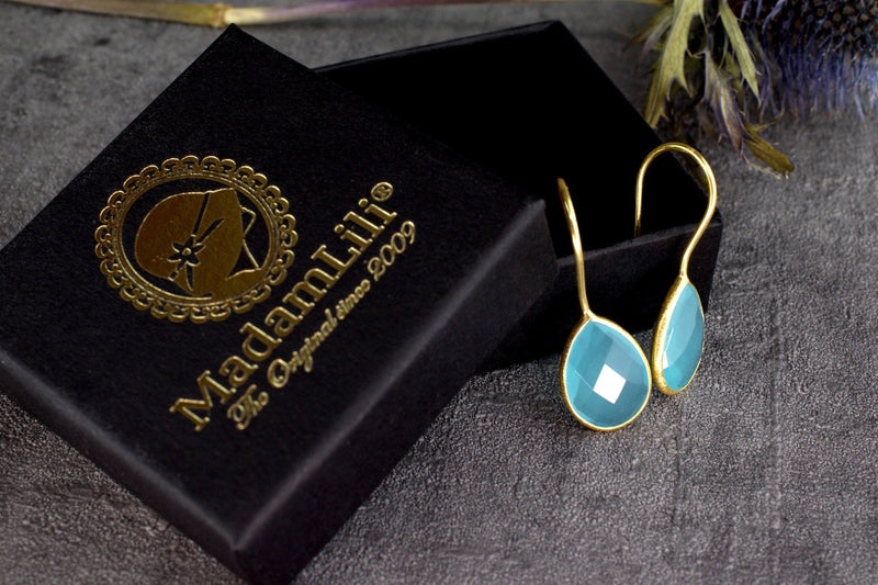 Aquamarine Gold Earrings - 925 Sterling Gilded Luxurious Gem Earrings - Ear925-87