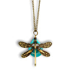 Turkos Drop Dragonflies Pendant Chain - Bronze Dragonfly Blue GEM Necklace - Vik-124