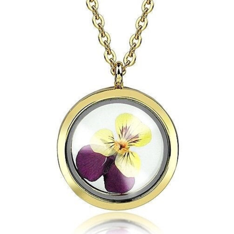 Chaîne de pendentif en médaillon en or Pansy en verre - Plantes florales de botanique plaqué or véritable collier de fleurs - VIK-71