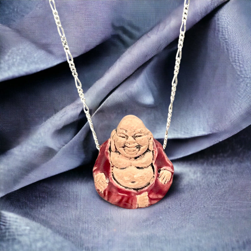 Skratta Buddha gjord av keramik på en 925 Sterling silverkedja-K925-73