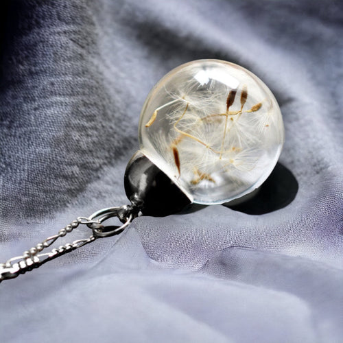 925 Sterling Silberkette mit echten Pusteblumen-Samen in handgeblasenem Glasanhänger - K925-54