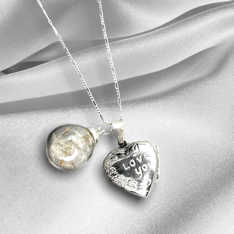 925 Silber Echte Pusteblumen Kette mit Herz-Medaillon "I love you" - K925-101