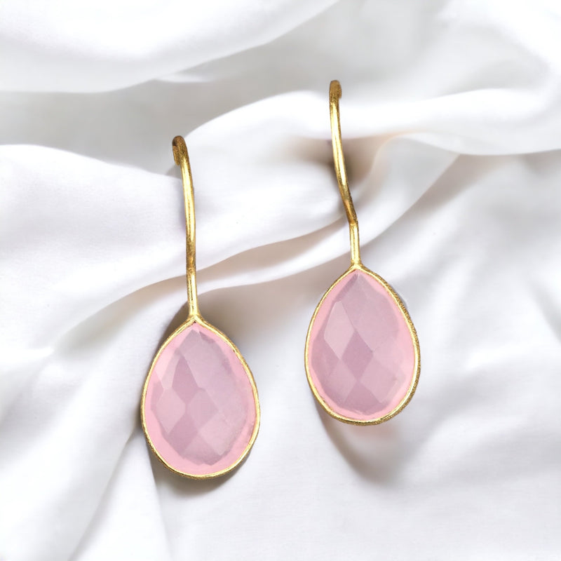Boucles d'oreilles pierres gemme de quartz rose plaquées en argent sterling 925